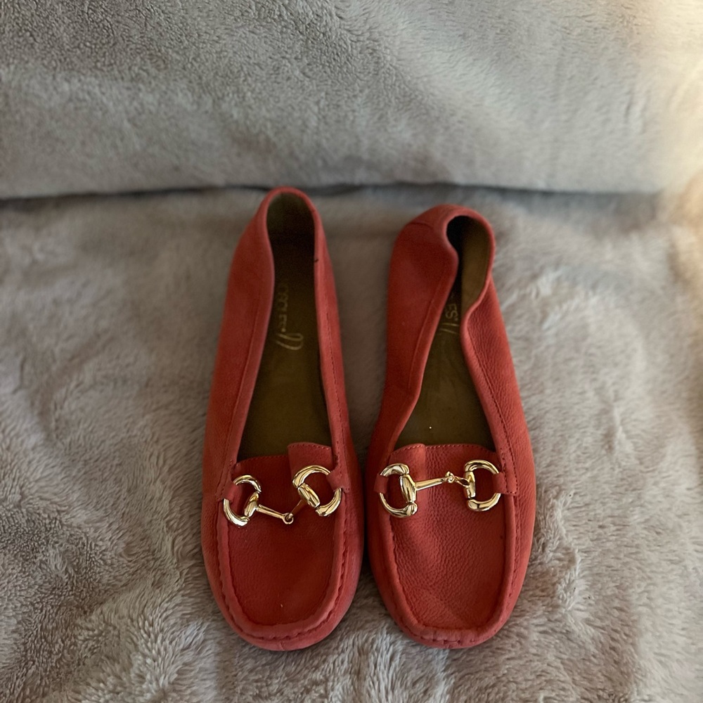 AEROSOLES Red Leather Moccasin Loafers with Gold Bit